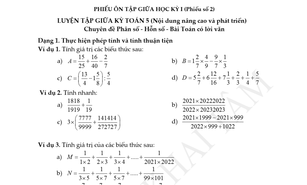 Toán 5. Tài liệu chất lượng cao Ôn tập giữa học kỳ 1. Chuyên đề Hỗn số. Phiếu 2